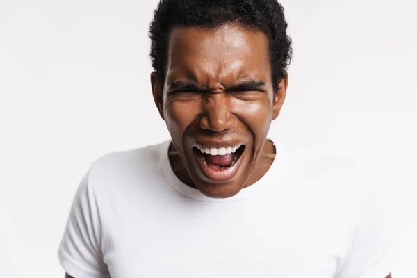 Young Black Man Dressed Shirt Posing Screaming Camera Isolated White — Stockfoto