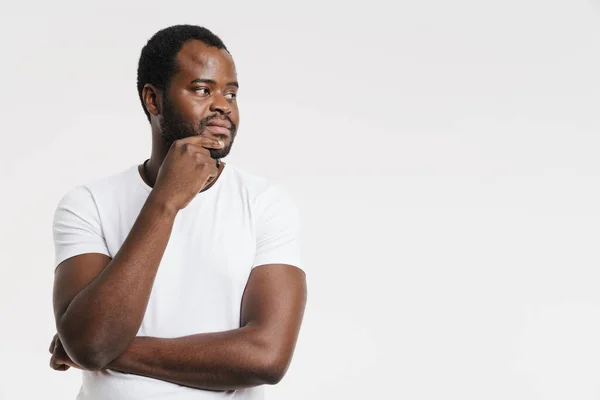 Black Bristle Man Looking Aside While Holding His Chin Isolated — Foto de Stock