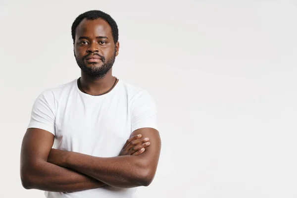 Black Man Dressed Shirt Posing Arms Crossed Isolated White Background — Stockfoto