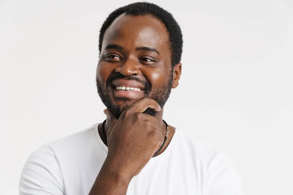 Black Bristle Man Laughing While Holding His Chin Isolated White — Foto de Stock