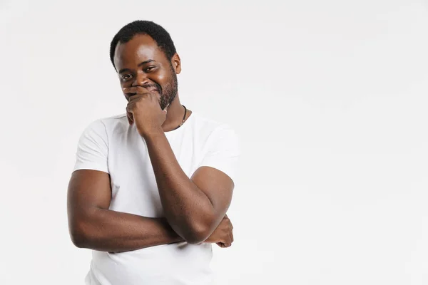 Black Bearded Man Smiling While Covering His Face Isolated White — Stockfoto