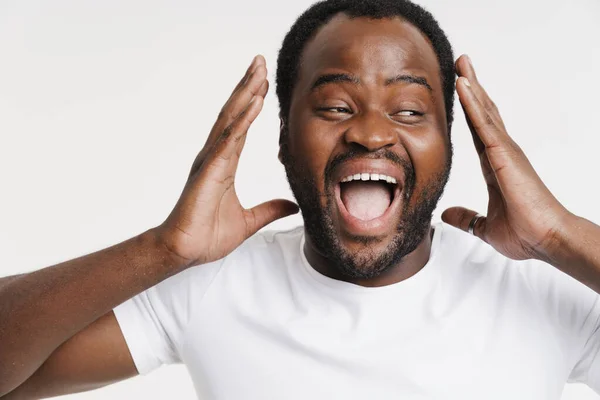 Black Bristle Man Dressed Shirt Laughing While Holding His Head — Stock Photo, Image