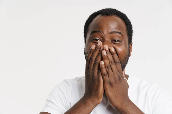 Black Bristle Man Dressed Shirt Smiling While Covering His Mouth — Stockfoto