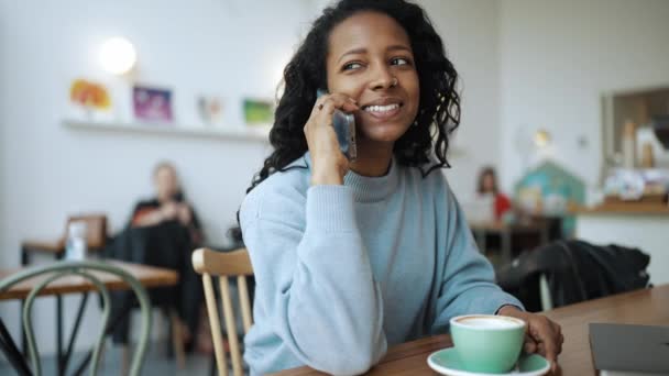 Pleased African Woman Wearing Blue Sweater Talking Phone Cafe — Stock video
