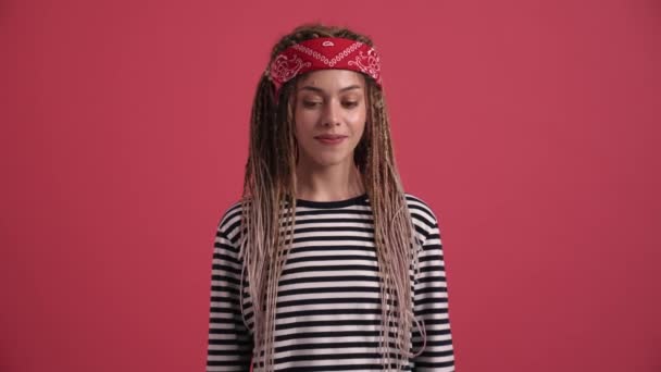 Handsome Hippie Woman Looking Camera Pink Studio — Stok video