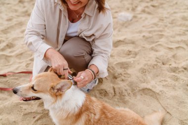 Yaşlı kadın kumsalda köpeğini gezdirirken gülümsüyor.
