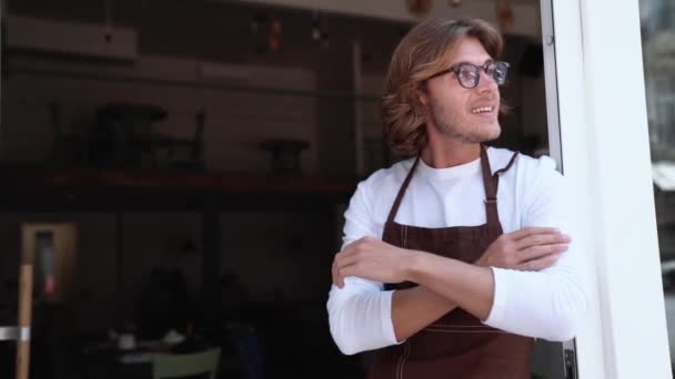 Smiling Blond Man Barista Eyeglasses Looking — Stock Video