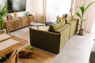 Evdeki kanepede dinlenirken cep telefonu kullanan Asyalı kız.