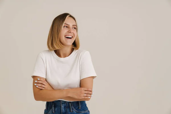Young Blonde Woman Smiling While Posing Arms Crossed Isolated White — Stock Photo, Image