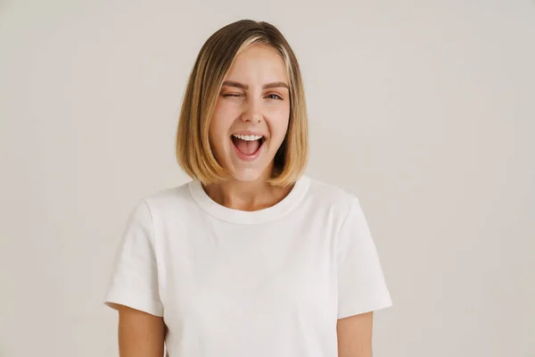 Young Blonde Woman Smiling While Winking Camera Isolated White Background — Stock Photo, Image