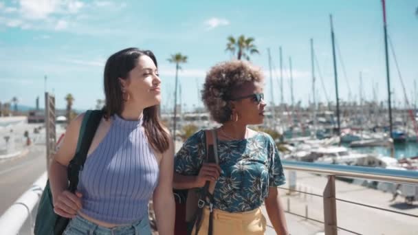 Dwie Pozytywne Wielonarodowe Kobiety Rozmawiające Spacerujące Nabrzeżu Pobliżu Jachtów Świeżym — Wideo stockowe