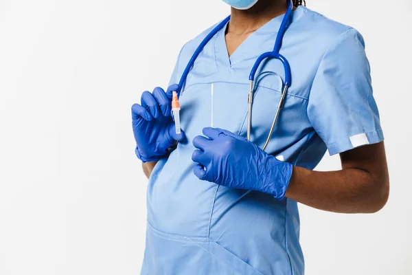 Médico Embarazada Negro Con Pose Uniforme Con Prueba Covid Aislado —  Fotos de Stock