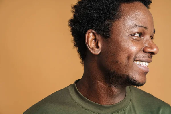 Young Black Man Wearing Shirt Smiling Looking Aside Isolated Beige — Stock Photo, Image