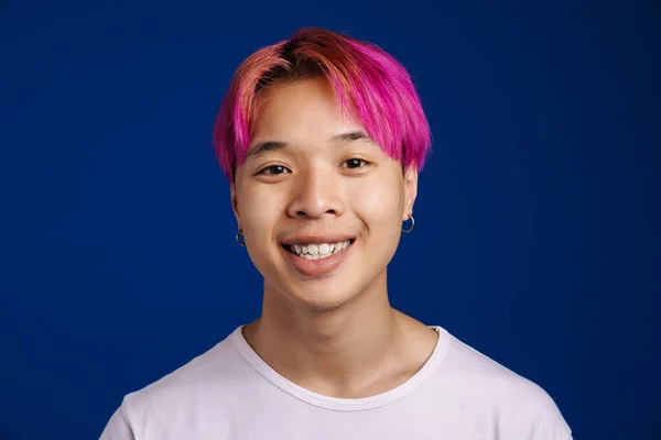 Asian Boy Pink Hair Smiling Looking Camera Isolated Blue Background — Stock Photo, Image