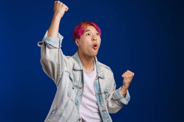 Pembe saçlı Asyalı çocuk çığlık atarken mavi arka planda izole edilmiş bir jest yapıyor.