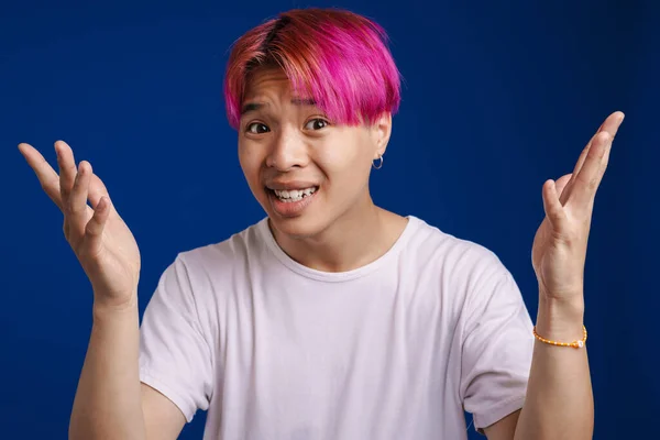 Asian Boy Pink Hair Expressing Surprise Camera Isolated Blue Background — Stock Photo, Image