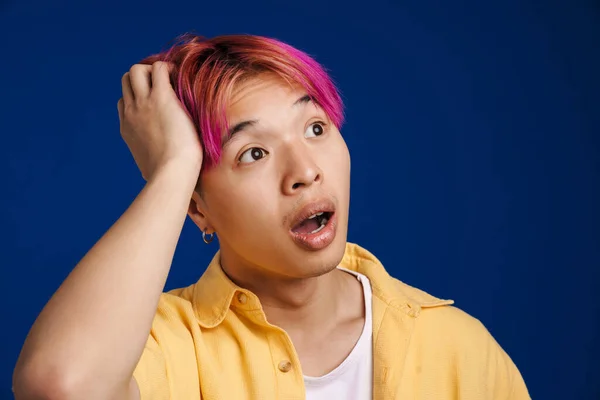 Asian Boy Pink Hair Expressing Surprise Camera Isolated Blue Background — Stock Photo, Image