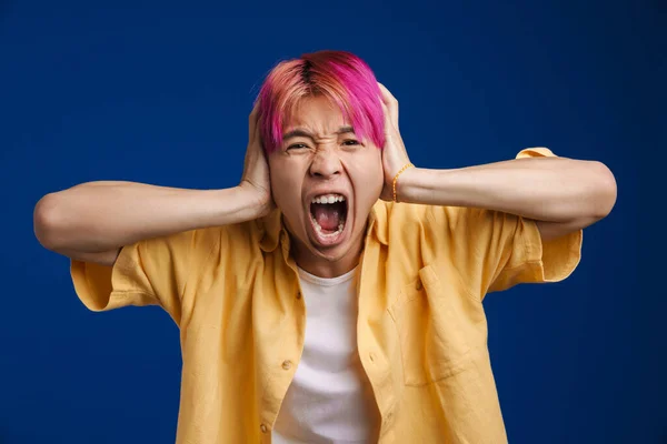 Asiatisk Pojke Med Rosa Hår Skriker Samtidigt Hålla Huvudet Isolerat — Stockfoto