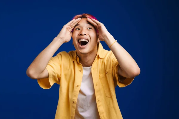 Asian Boy Expressing Surprise While Covering Her Face Isolated Blue — Stock Photo, Image