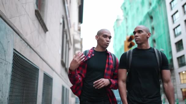 Two Handsome Bald African Brothers Talking Walking Street Outdoors — Stock Video