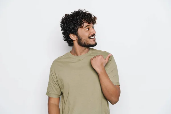 Young Bearded Man Dressed Shirt Smiling Pointing Finger Aside Isolated — Stockfoto