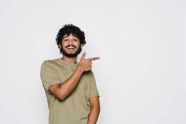 Young Middle Eastern Man Smiling Pointing Finger Aside Isolated White — Fotografia de Stock