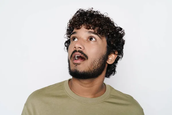 Young Middle Eastern Man Expressing Surprise While Looking Upward Isolated — Fotografia de Stock