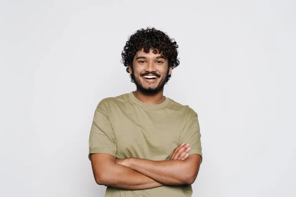 Young Middle Eastern Man Smiling While Posing Arms Crossed Isolated — Fotografia de Stock