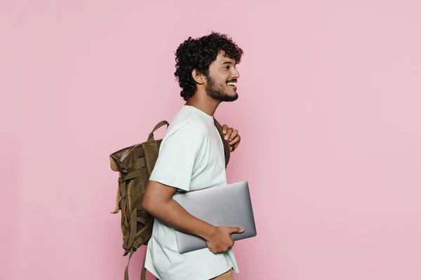 Young Middle Eastern Man Smiling While Posing Laptop Backpack Isolated — Zdjęcie stockowe