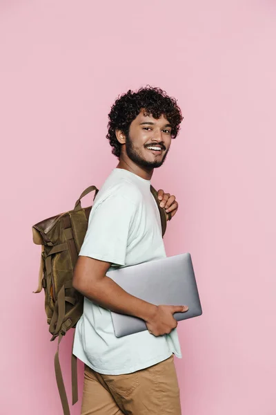 Young Middle Eastern Man Smiling While Posing Laptop Backpack Isolated — Foto de Stock