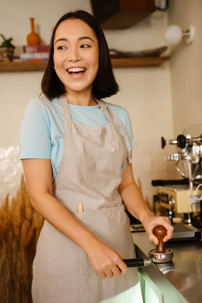 Young Asian Barista Wearing Apron Laughing While Making Coffee Cafe — Photo
