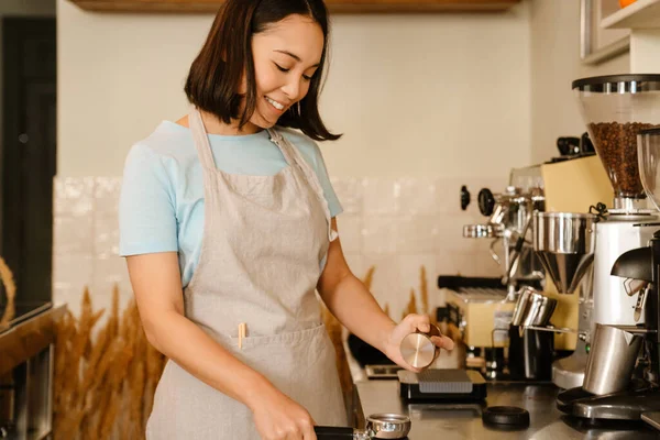 Young Asian Barista Wearing Apron Smiling While Making Coffee Cafe — Photo