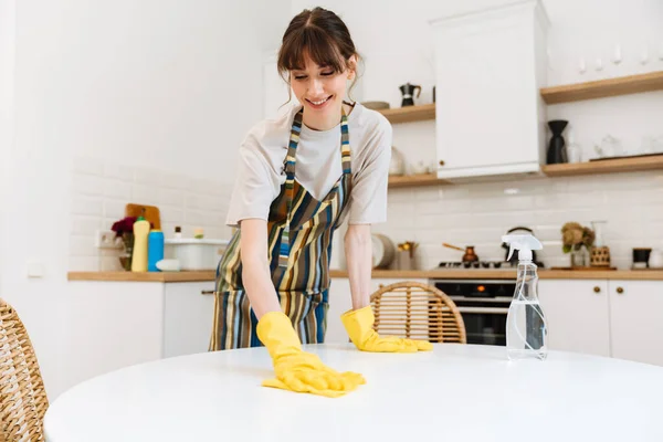 White Young Woman Gloves Smiling While Cleaning Table Home — Stockfoto