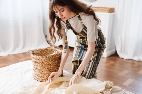 White Young Woman Apron Doing Housework Home — Fotografia de Stock