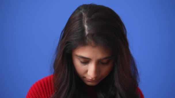 Cheerful Indian Brunette Woman Opening Eyes Camera Isolated Blue Background — Video