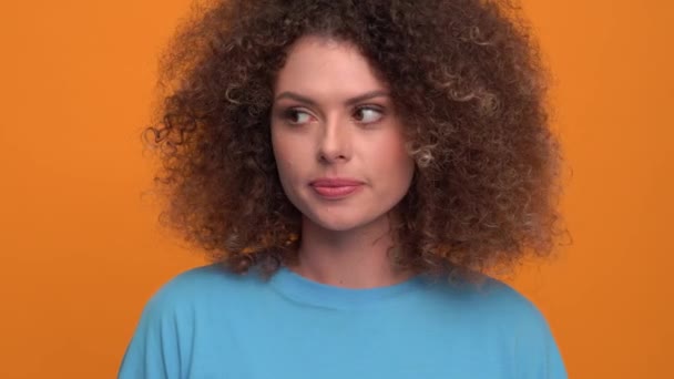 Handsome Curly Haired Blonde Woman Wearing Blue Shirt Showing Silence — Stock video