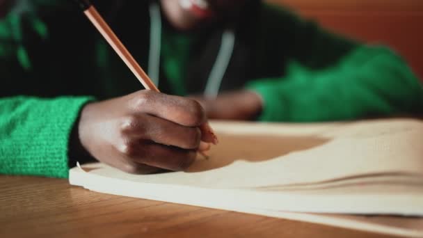 Afrikanische Junge Frau Schreibt Etwas Notizblock Café — Stockvideo
