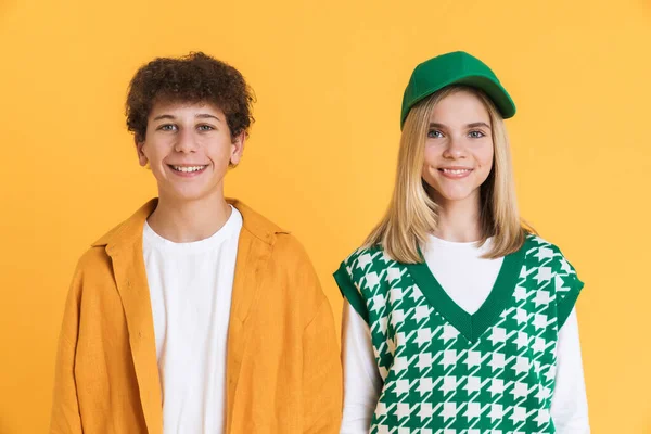 White Two Teenagers Smiling Camera While Posing Together Isolated Yellow — Foto de Stock