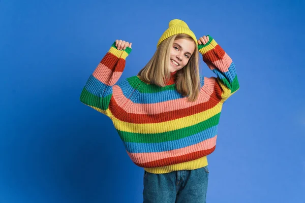 White Girl Wearing Hat Smiling Dancing Camera Isolated Blue Background — Foto Stock