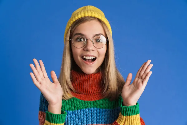 White Girl Wearing Eyeglasses Expressing Surprise Camera Isolated Blue Background — Photo