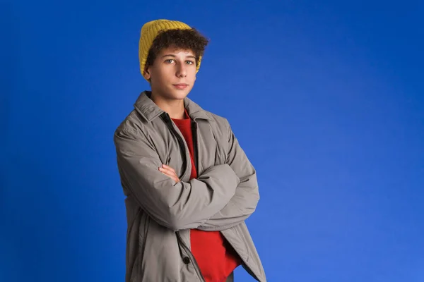 White Boy Wearing Hat Posing Looking Camera Isolated Blue Background — Stock Photo, Image