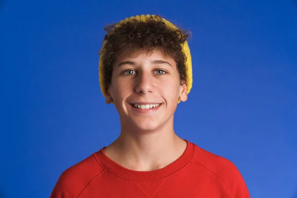White Boy Wearing Hat Smiling Looking Camera Isolated Blue Background — Stock Photo, Image