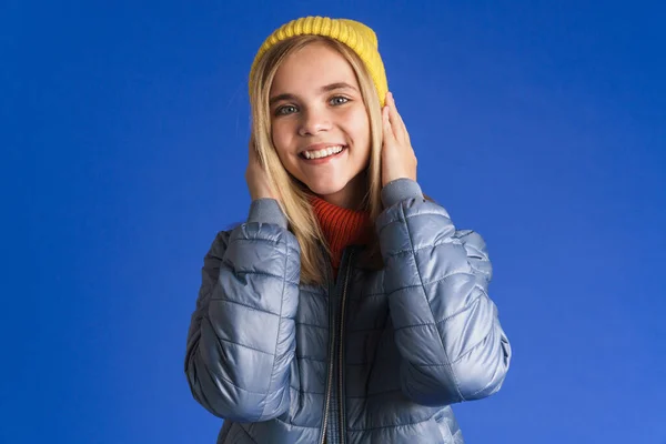 White Girl Wearing Hat Smiling Covering Her Ears Isolated Blue — Φωτογραφία Αρχείου