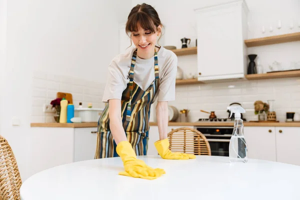 White Young Woman Gloves Smiling While Cleaning Table Home —  Fotos de Stock