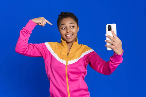 Black Woman Pointing Finger Herself While Taking Selfie Cellphone Isolated — ストック写真