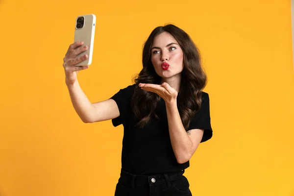White Young Woman Gesturing While Taking Selfie Mobile Phone Isolated — Photo