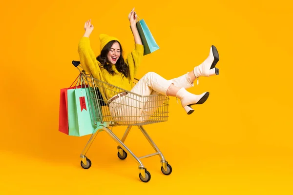 White Excited Woman Making Fun Shopping Cart Isolated Yellow Background — Photo