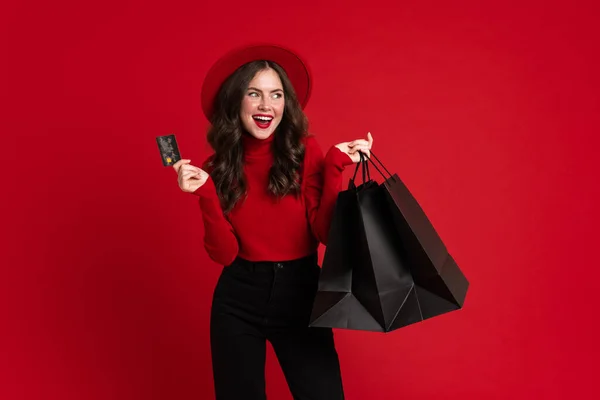 White Woman Laughing While Posing Shopping Bags Credit Card Isolated — 图库照片