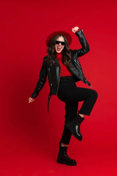 White Woman Leather Jacket Laughing While Dancing Camera Isolated Red — Foto Stock