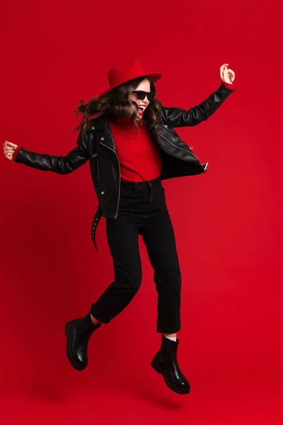 White Woman Leather Jacket Laughing While Dancing Camera Isolated Red — Foto Stock